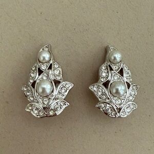 Swarovski Signed Rhodium Plated Clip-On Empire Earrings with Crystals & Pearl